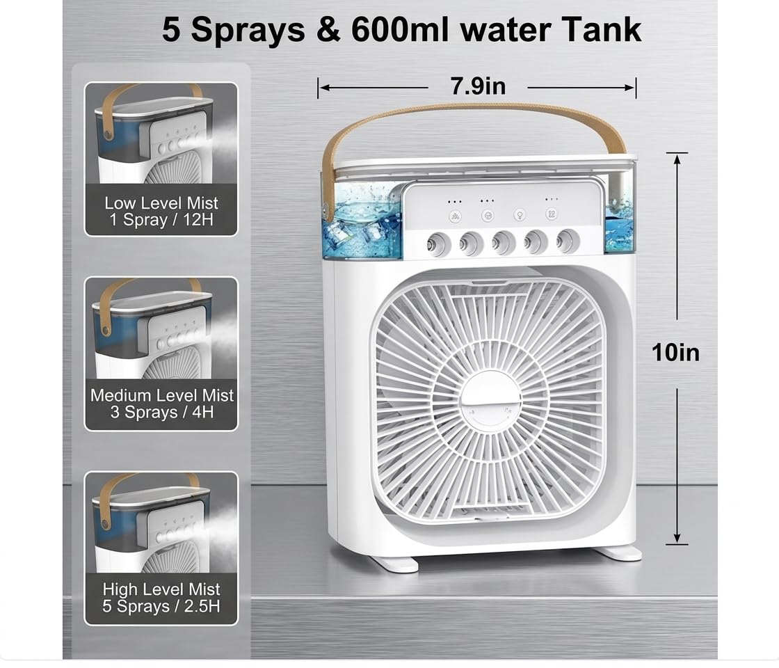 Cooler for Room Cooling Mini AC Portable Mini Fan Artic Cooler with 7 Colors LED Light, 1/2/3 H Timer, 3 Wind Speeds and 3 Spray Modes for Office,Home,Dorm,Travel (Singel)