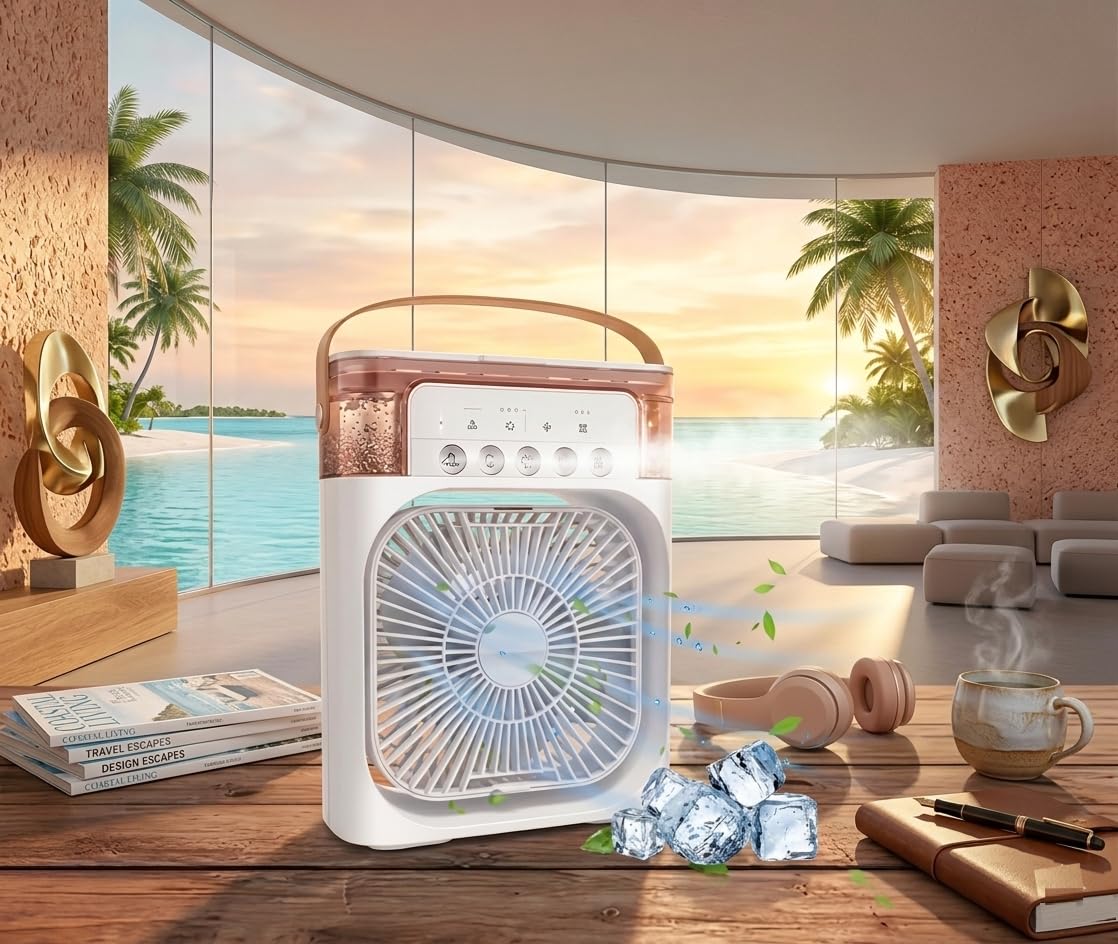Cooler for Room Cooling Mini AC Portable Mini Fan Artic Cooler with 7 Colors LED Light, 1/2/3 H Timer, 3 Wind Speeds and 3 Spray Modes for Office,Home,Dorm,Travel (Singel)