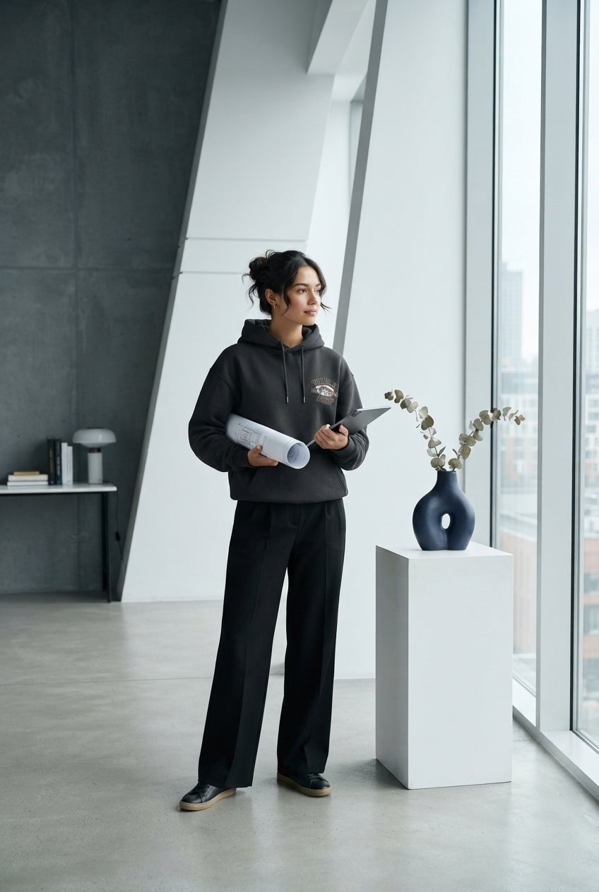 A diverse person wearing a charcoal hoodie in a minimalist, light-filled architectural studio.