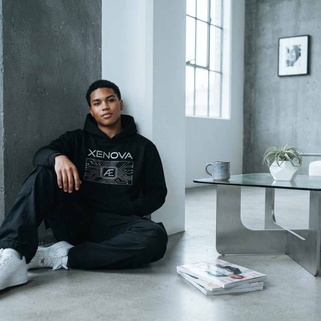 A diverse person wearing a modern aesthetic hoodie in a minimalist urban loft with charcoal and white interior decor.