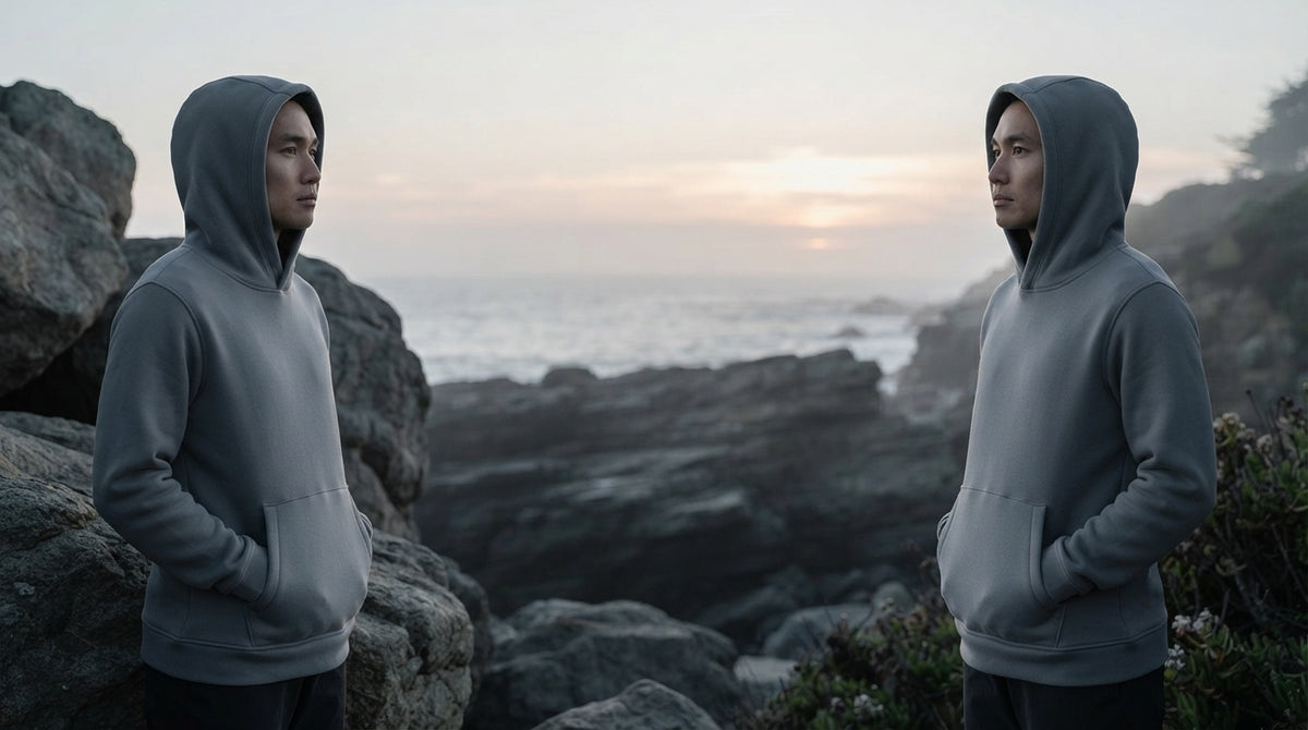 A person wearing a minimalist hoodie stands on a rocky coastline at twilight with a calm, atmospheric horizon.